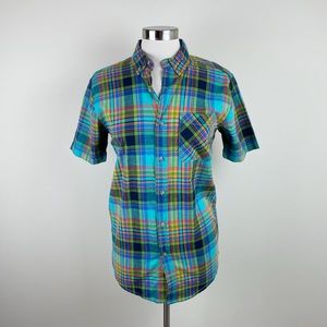 Red Camel Blue Green Plaid Short Sleeve Button Down Shirt Top Small Western